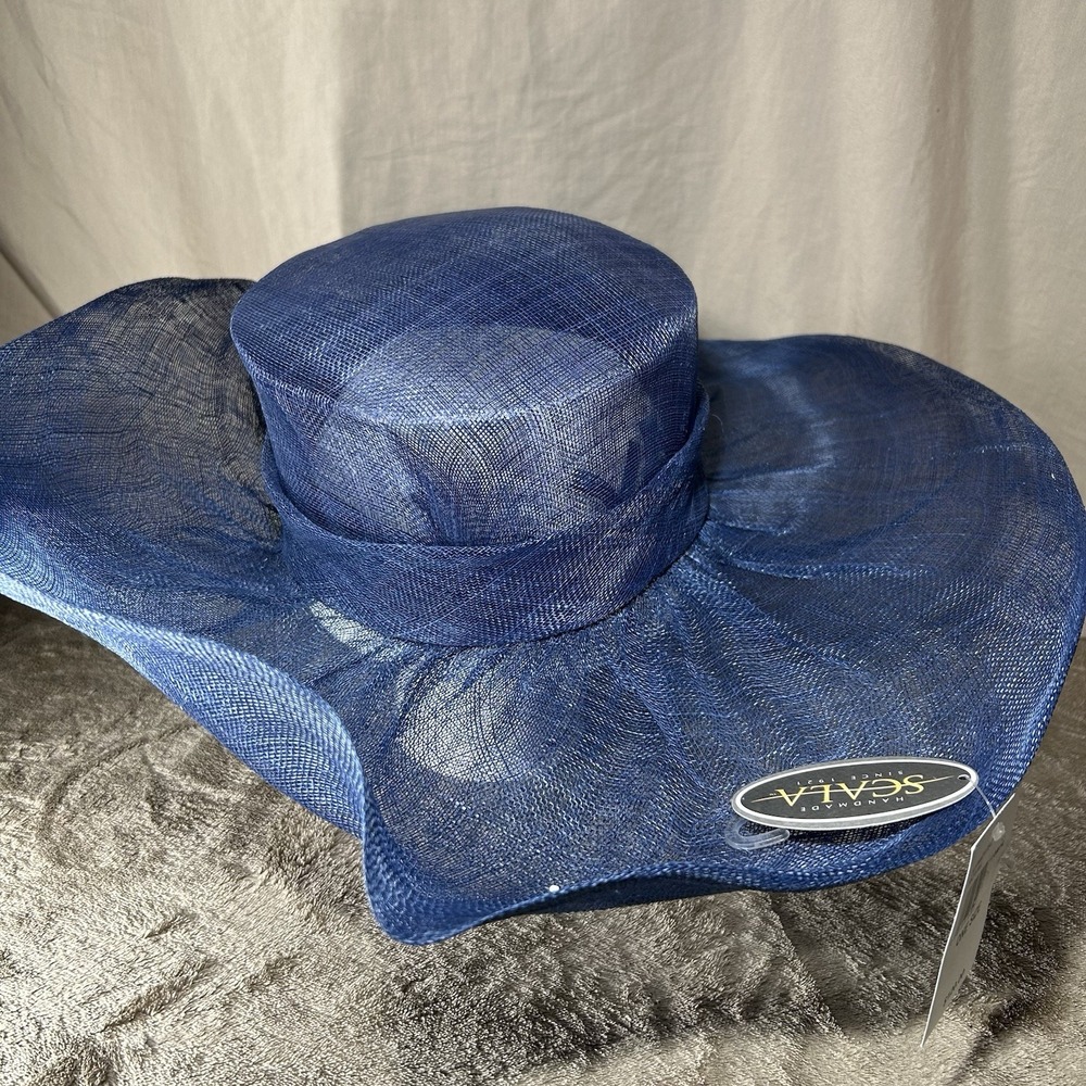 NWT Scala Handmade Royal Blue Wide Brim Hat Derby Church Wedding Bow $120